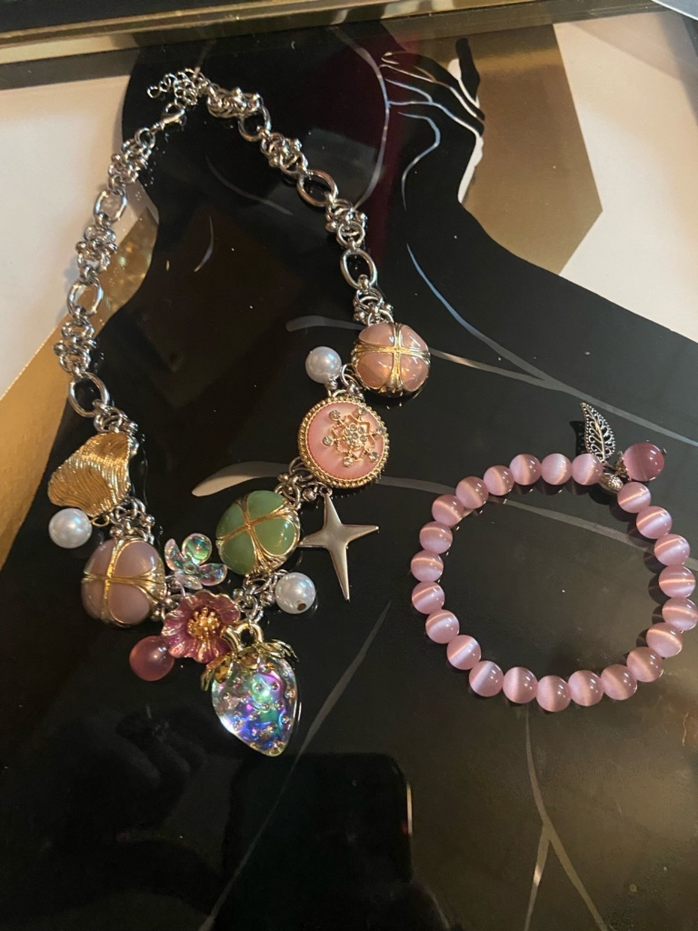 Pink Multi-Charm Women's Necklace and Cats Eye Bracelet Set - Picture 9 of 11